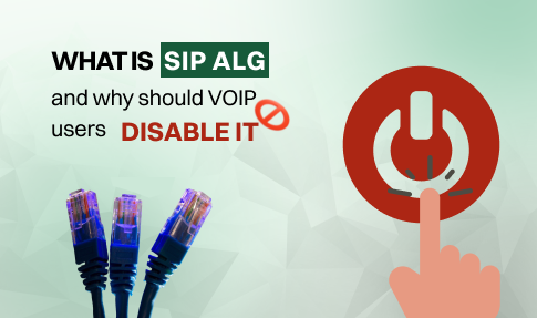 This picture explains SIP ALG with text 'What is SIP ALG and why should VoIP users disable it', showing network cables and a power button icon with a disable symbol.