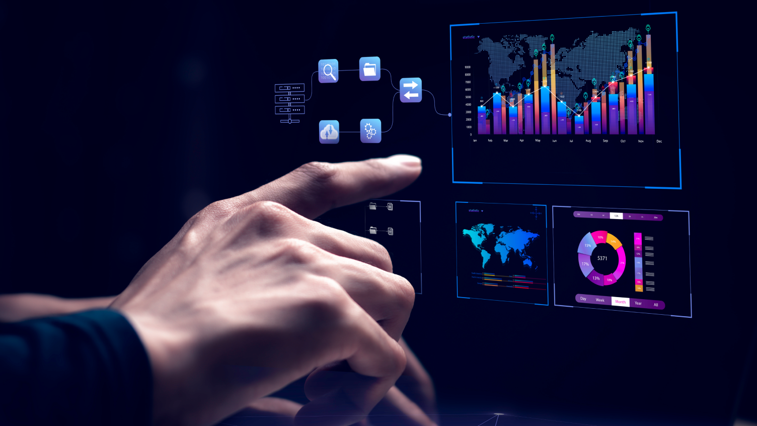 Hand interacting with futuristic virtual data dashboards showing global maps, bar charts, and pie charts.