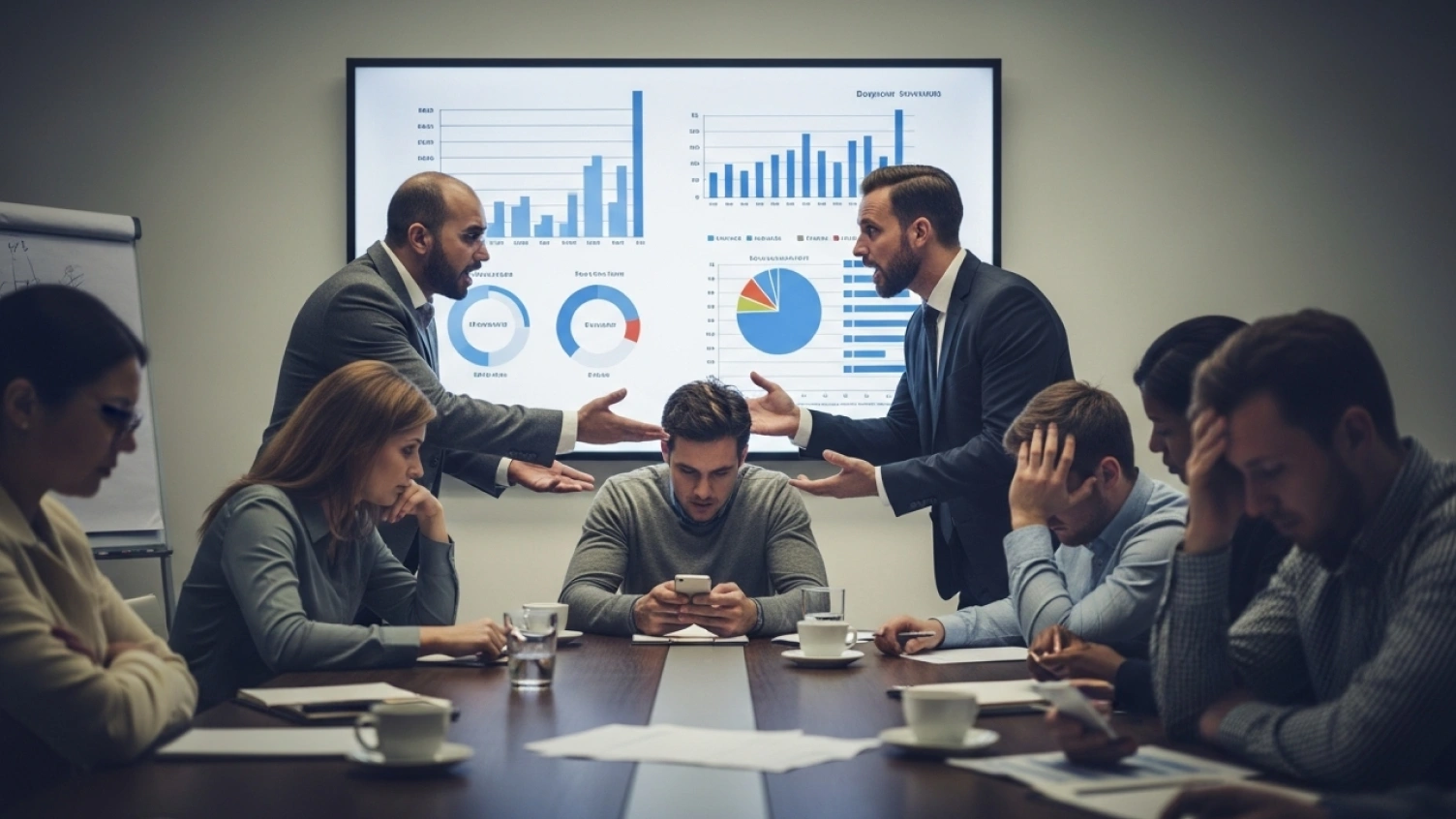 This picture shows people arguing on a meeting with analytical background on screen. 