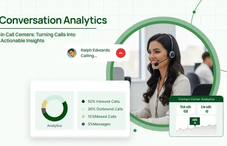 Call center agent analyzing conversation analytics dashboard with call statistics.