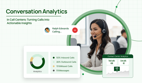 Call center agent analyzing conversation analytics dashboard with call statistics.