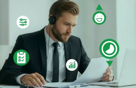 Business professional wearing a headset, reviewing documents at a desk with laptop.