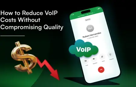 Illustration showing ways to reduce VoIP costs without compromising call quality, featuring a phone call screen, VoIP cloud icon and a dollar sign.