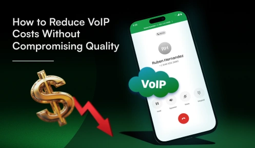 Illustration showing ways to reduce VoIP costs without compromising call quality, featuring a phone call screen, VoIP cloud icon and a dollar sign.