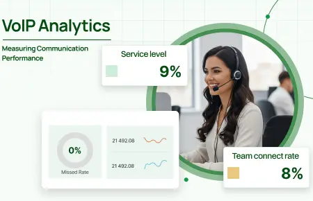 A girls using VoIP analytics to see metrics.