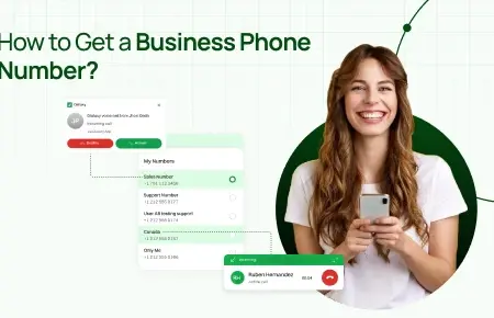A lady with smartphone is trying to convey the answer to "How to Get a Business Number" with dashboard details.