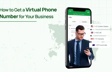 An infographics where a men is usinga smartphone with virtual phone number options for the United States, UK, Canada, and Australia.