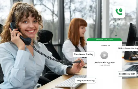 Call center agent handling a customer call with smart call routing options