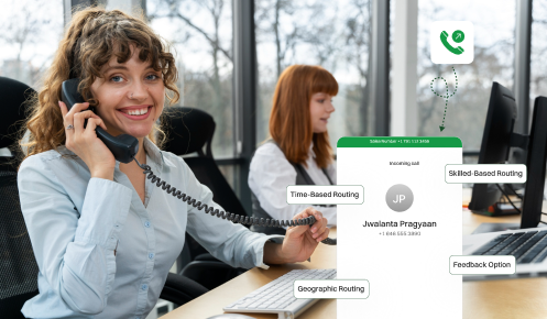 Call center agent handling a customer call with smart call routing options