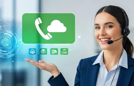 Smiling female customer support representative wearing a headset, pointing at digital icons.