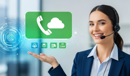 Smiling female customer support representative wearing a headset, pointing at digital icons.