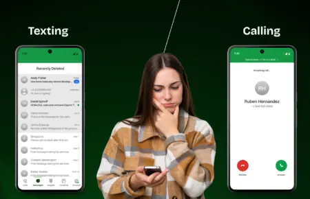 This image shows a girl thinking seriously on how to choose texting and calling.