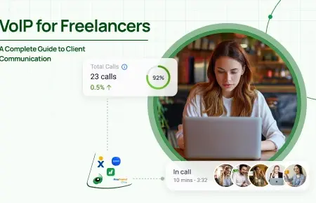 A woman using a laptop with overlays indicating 23 total calls, 92% completion rate, and an active group call.