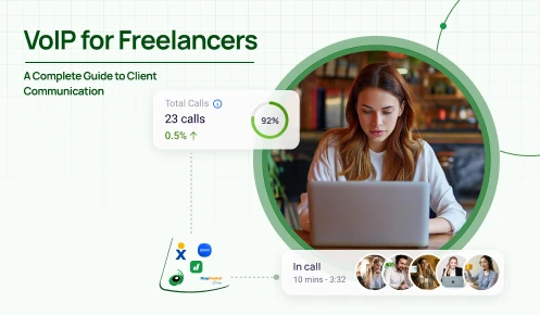 A woman using a laptop with overlays indicating 23 total calls, 92% completion rate, and an active group call.