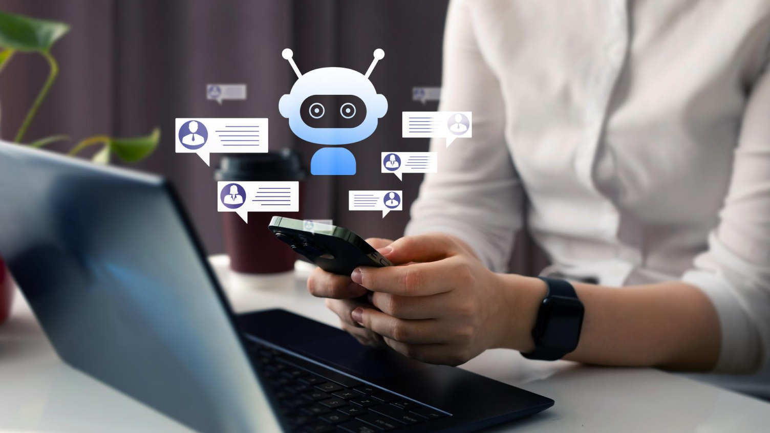 This infographics shows a person looking looking at his phone and laptop.