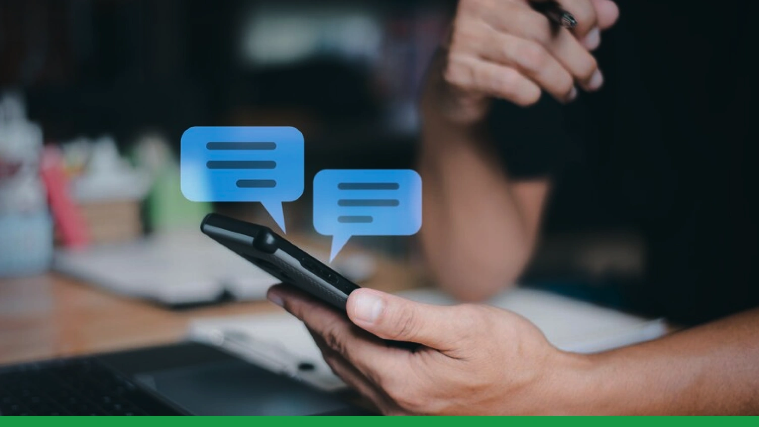 Person using a smartphone with digital SMS icons, representing SMS gateway technology for sending and receiving text messages.