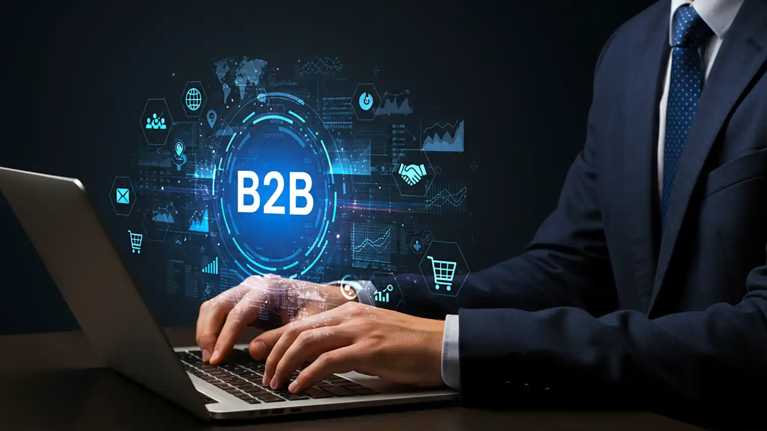 Business professional using a laptop with a digital B2B concept displayed on screen.