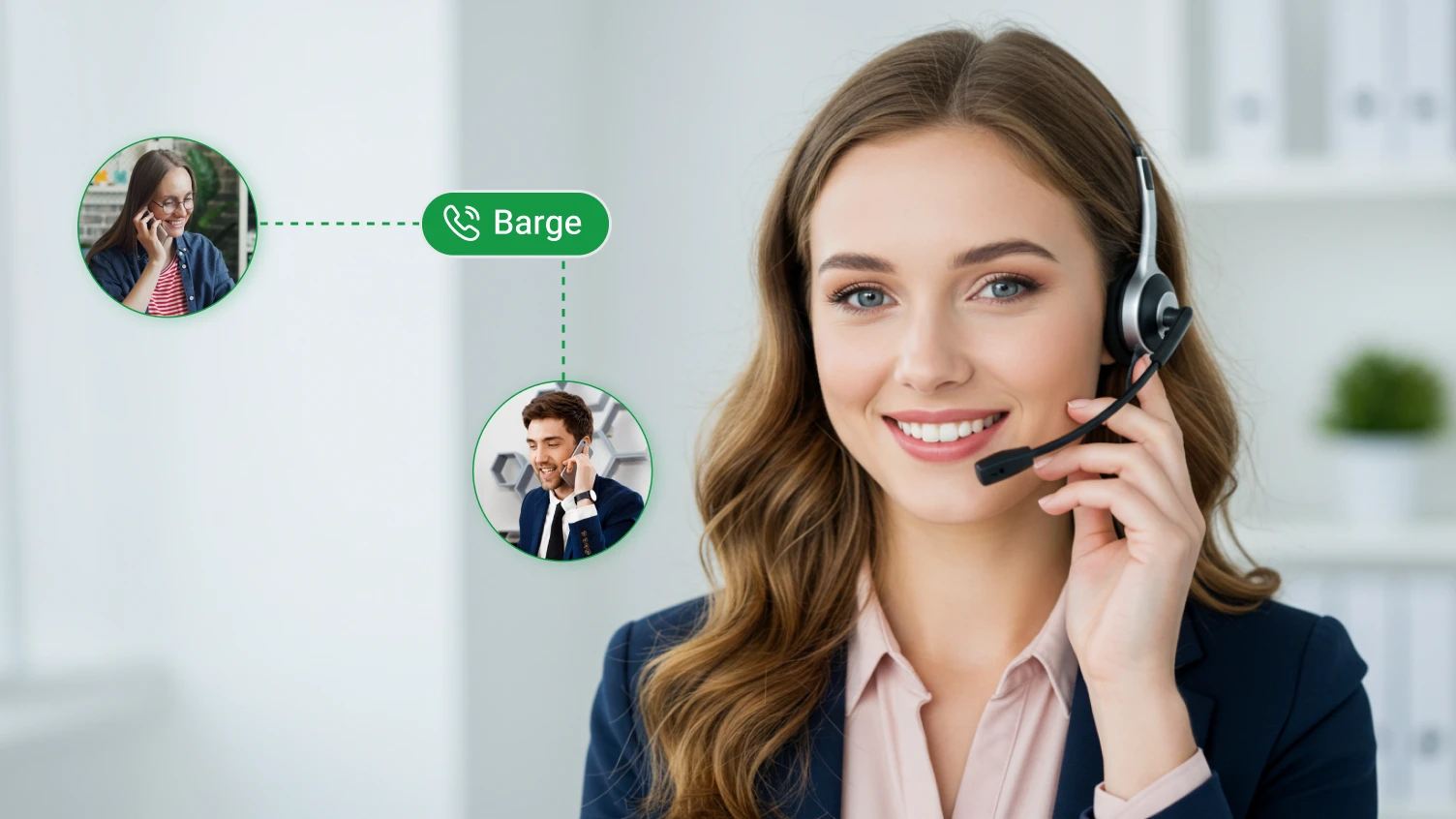 Smiling female call center agent with headset using call barging feature to join a conversation between two customers.