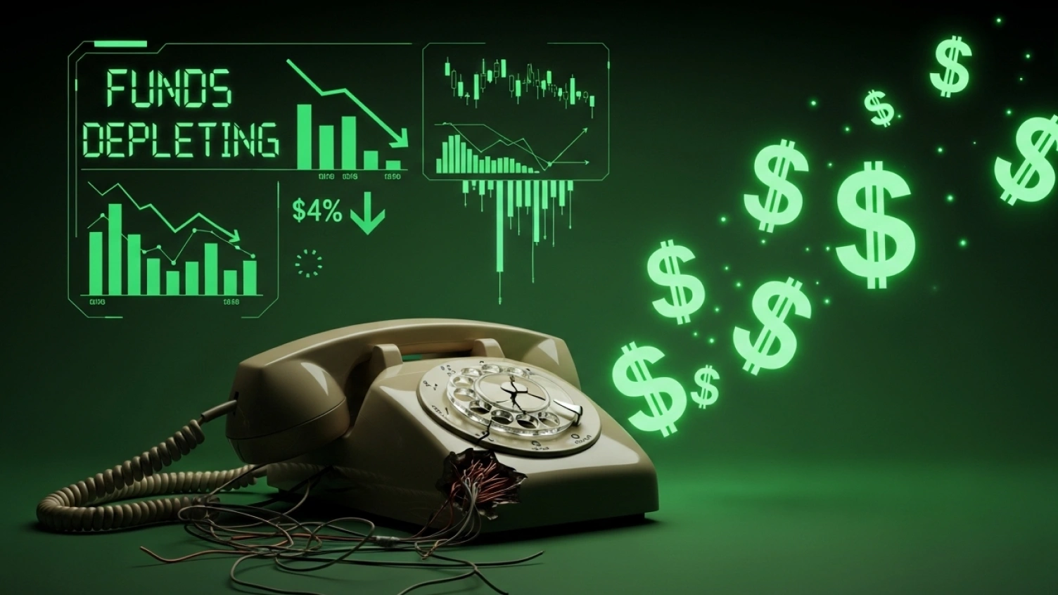 Illustration of a broken rotary phone with exposed wires, surrounded by financial graphs.