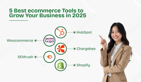 This imae shows a women pointing at 5 best ecommerce tools to grow your business.