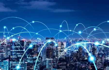 5g and VoIP Mobile network connecting through the city. (Visual representation)