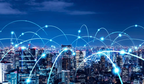 5g and VoIP Mobile network connecting through the city. (Visual representation)