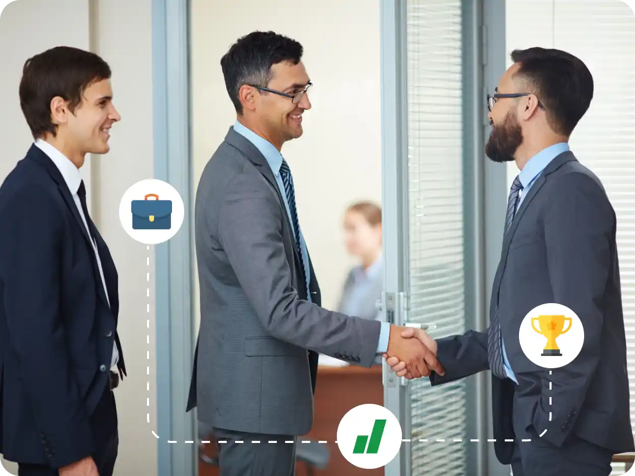Three businessmen in suits, two of whom are shaking hands, with icons for a briefcase, a graph, and a trophy connected by dashed lines.