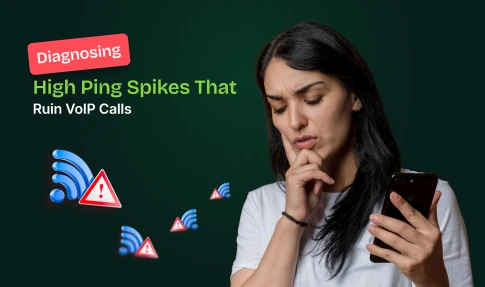 Girl getting frustrated by high ping in VoIP calls.