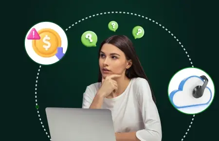 Woman at a laptop pondering VoIP myths and facts with symbols for cost issues and cloud communication