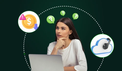 Woman at a laptop pondering VoIP myths and facts with symbols for cost issues and cloud communication