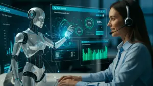 A Robot setting ring strategies with call representative infront of it.