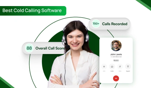 Advertisement for cold calling software featuring a smiling agent, showing an "88 Overall Call Score" and "700+ Calls Recorded.