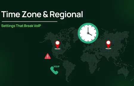 Map with red markers, clock, warning, and VoIP icons showing how wrong VoIP time zone settings can disrupt functionality