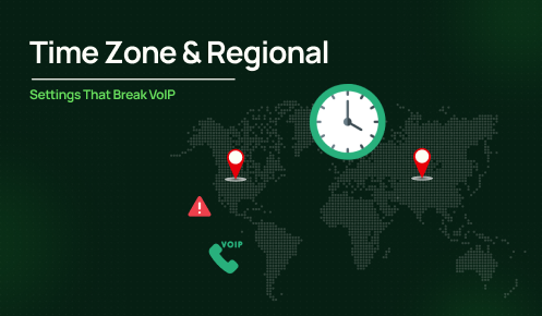 Map with red markers, clock, warning, and VoIP icons showing how wrong VoIP time zone settings can disrupt functionality