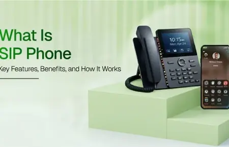 Image showing a SIP desk phone and a smartphone on a green platform.