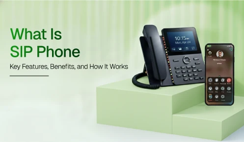 Image showing a SIP desk phone and a smartphone on a green platform.