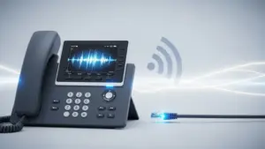 Wire about to connect inside Ethernet port of phone.