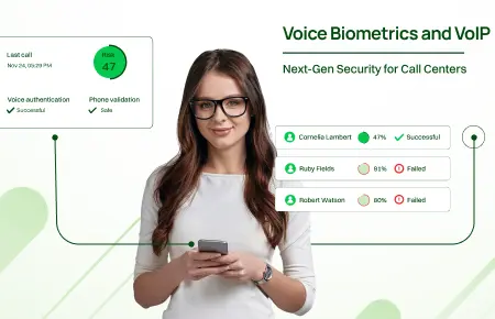 A girl using voice biometrics and voip authentication.