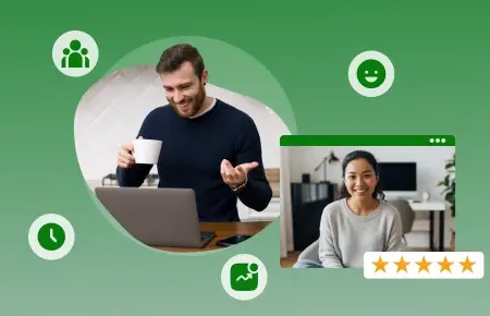 Icons on the picture shows teamwork, time management and performance.