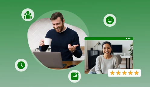 Icons on the picture shows teamwork, time management and performance.